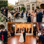 Bride and groom dancing at a wedding reception while a professional wedding DJ entertains guests on a packed dance floor.
