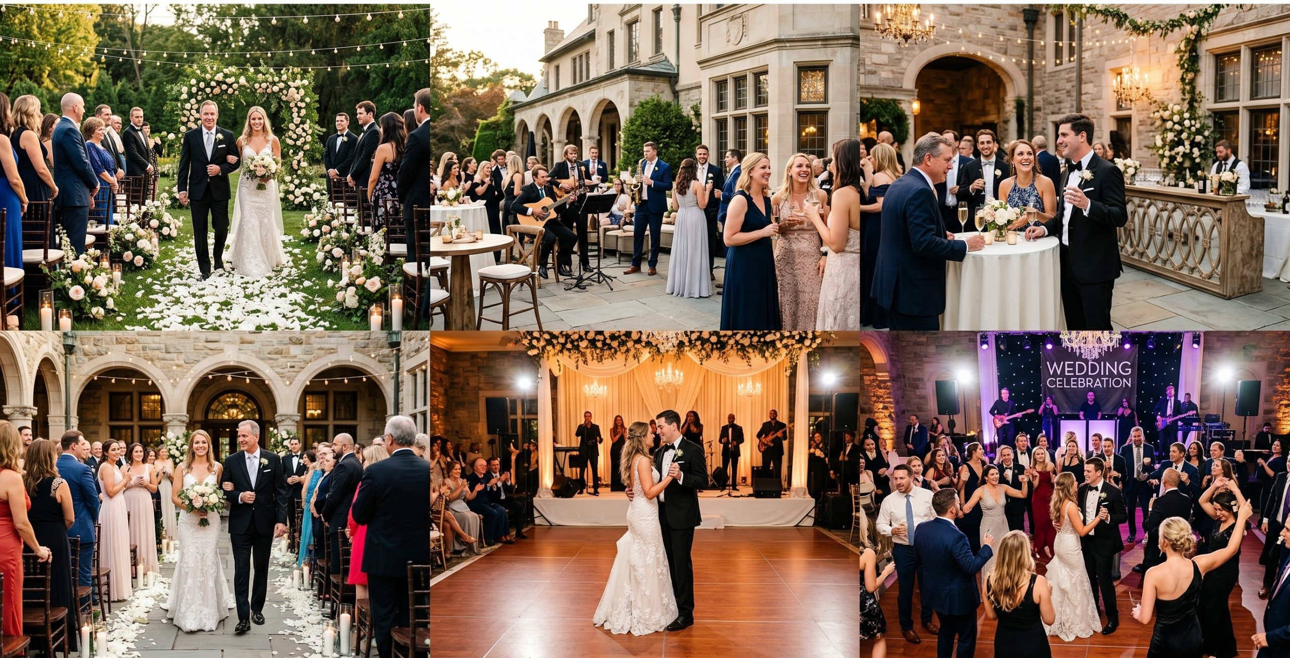 Bride and groom dancing at a wedding reception while a professional wedding DJ entertains guests on a packed dance floor.